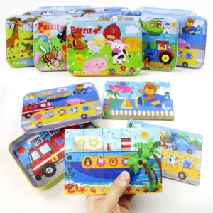 Kindergarten Children Wooden Puzzle 9/12/15/20 Pcs 4 in 1 Cartoon Animal Jigsaw with Iron Box Kids Educational Toy