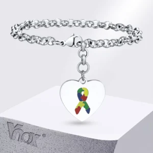 Vnox Unisex Autism Bracelets, Stainless Steel Heart Charm Wristband, Glossy Comfort Fit Jewelry