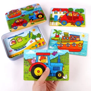 Kindergarten Children Wooden Puzzle 9/12/15/20 Pcs 4 in 1 Cartoon Animal Jigsaw with Iron Box Kids Educational Toy